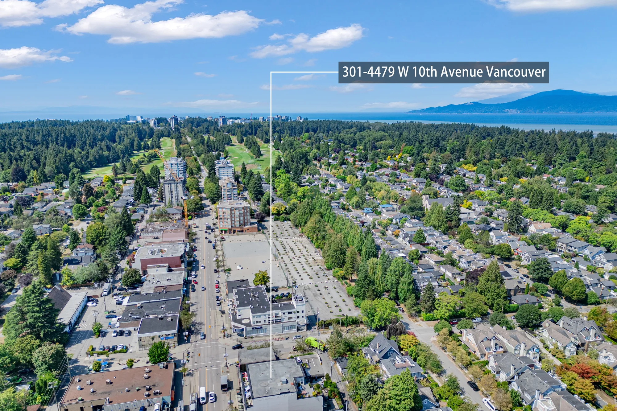 Aerial view along West 10th Avenue with the building marked