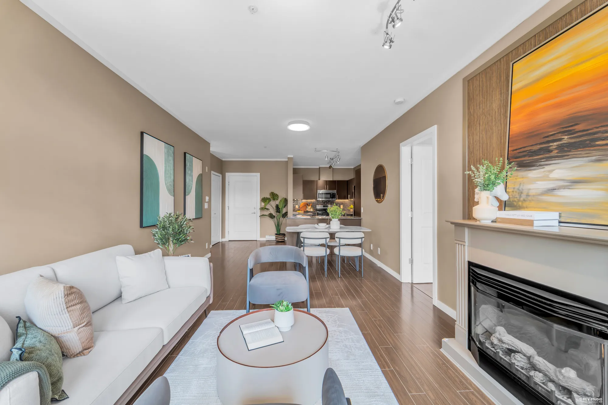 The electric fireplace set into the living room wall