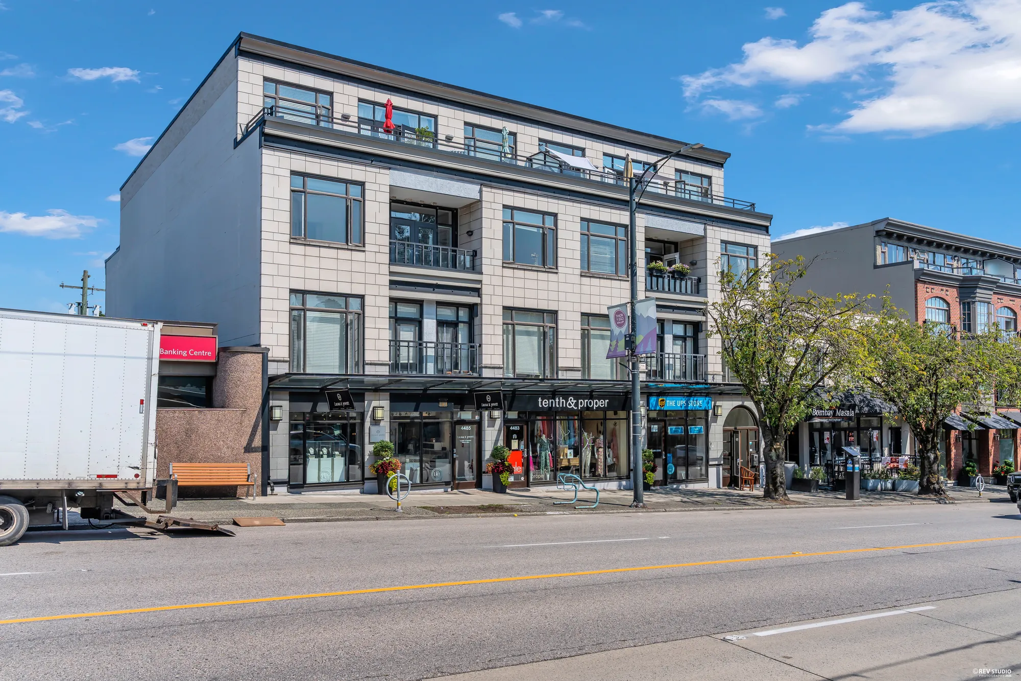 The building from further west along the street
